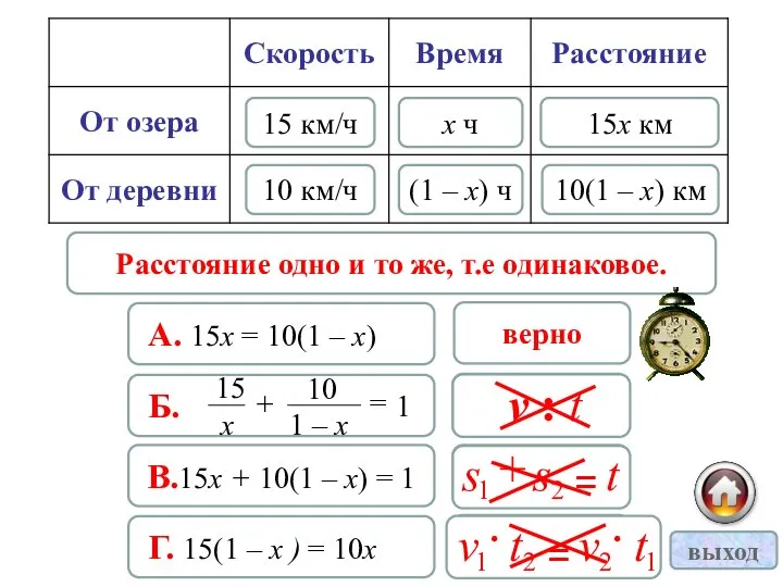 Расстояние одно и то же, т.е одинаковое. 15 км/ч 10 км/ч