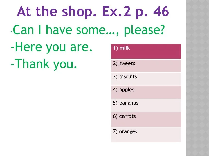 At the shop. Ex.2 p. 46 -Can I have some…, please? -Here you are. -Thank you.