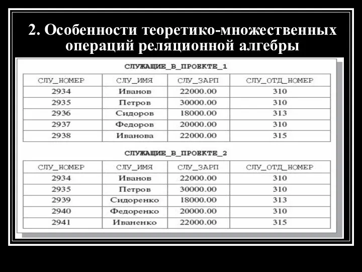 2. Особенности теоретико-множественных операций реляционной алгебры