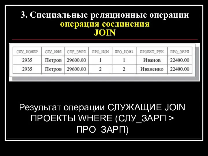 Результат операции СЛУЖАЩИЕ JOIN ПРОЕКТЫ WHERE (СЛУ_ЗАРП > ПРО_ЗАРП) 3. Специальные реляционные операции операция соединения JOIN