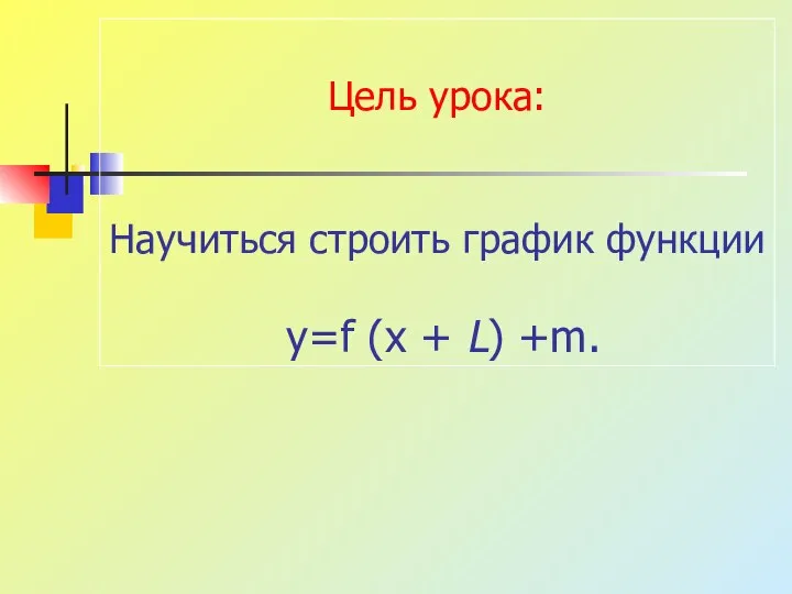 Цель урока: Научиться строить график функции y=f (x + L) +m.