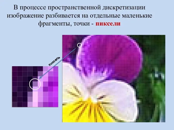 В процессе пространственной дискретизации изображение разбивается на отдельные маленькие фрагменты, точки - пиксели пиксель