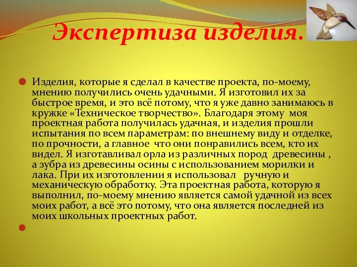 Экспертиза изделия. Изделия, которые я сделал в качестве проекта, по-моему, мнению