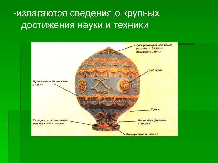 -излагаются сведения о крупных достижения науки и техники