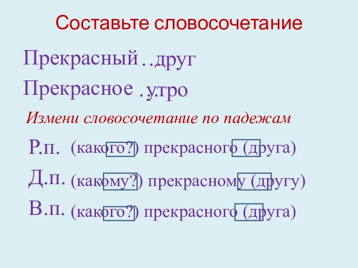 Составьте словосочетание Прекрасный друг … … утро Прекрасное Измени словосочетание по