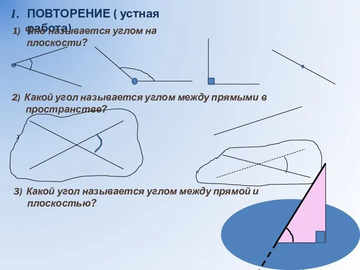 ПОВТОРЕНИЕ ( устная работа) 1) Что называется углом на плоскости? 2)