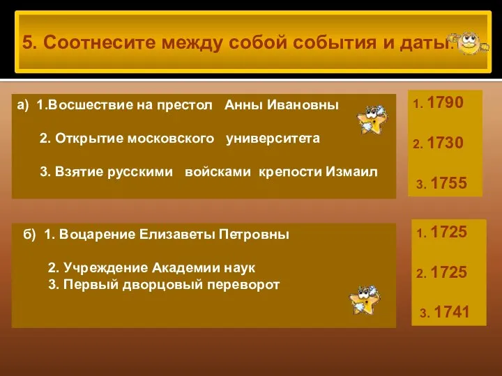 5. Соотнесите между собой события и даты: а) 1.Восшествие на престол