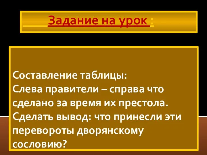 Задание на урок : Составление таблицы: Слева правители – справа что