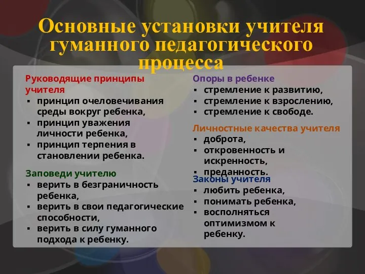 Основные установки учителя гуманного педагогического процесса Опоры в ребенке стремление к