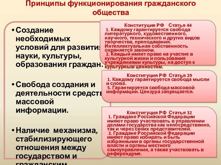 Принципы функционирования гражданского общества Создание необходимых условий для развития науки, культуры,