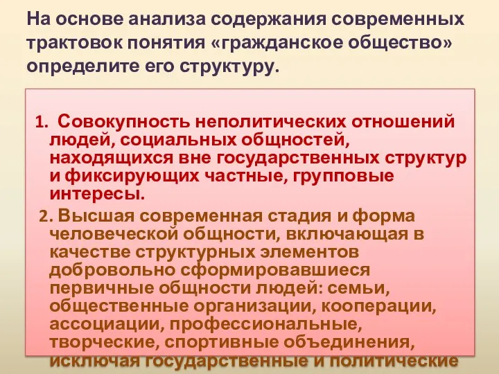 На основе анализа содержания современных трактовок понятия «гражданское общество» определите его