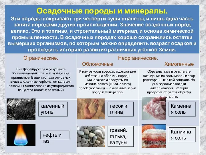 каменный уголь нефть и газ песок и глина гравий, галька, валуны Каменная соль Калийная соль