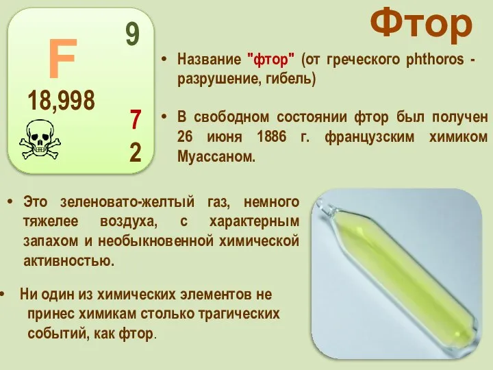 Фтор Название "фтор" (от греческого phthoros - разрушение, гибель) Ни один