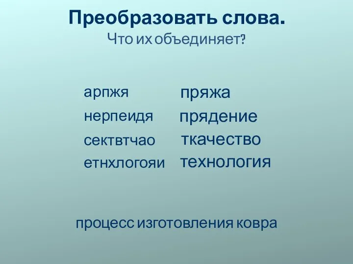 Преобразовать слова. Что их объединяет? етнхлогояи арпжя нерпеидя сектвтчао пряжа прядение ткачество технология процесс изготовления ковра