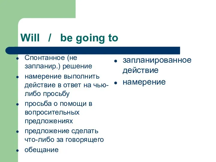 Will / be going to Спонтанное (не запланир.) решение намерение выполнить
