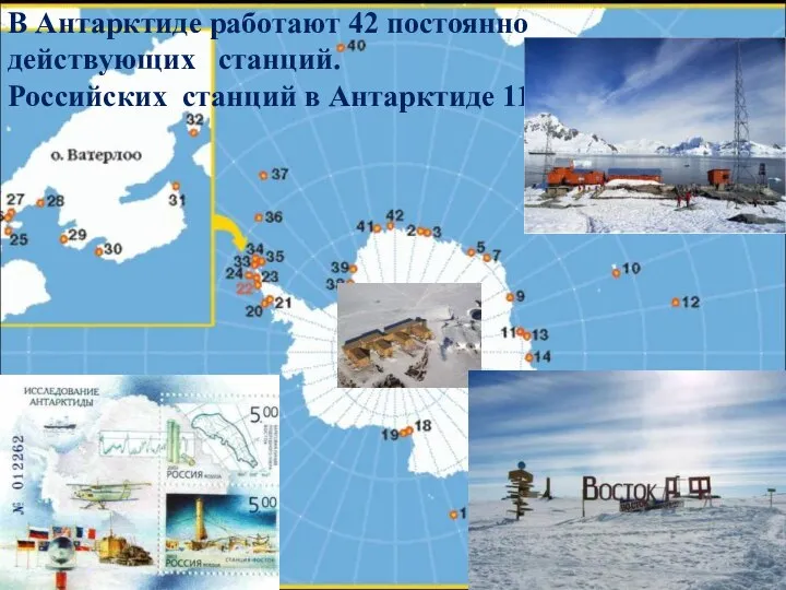 В Антарктиде работают 42 постоянно действующих станций. Российских станций в Антарктиде 11