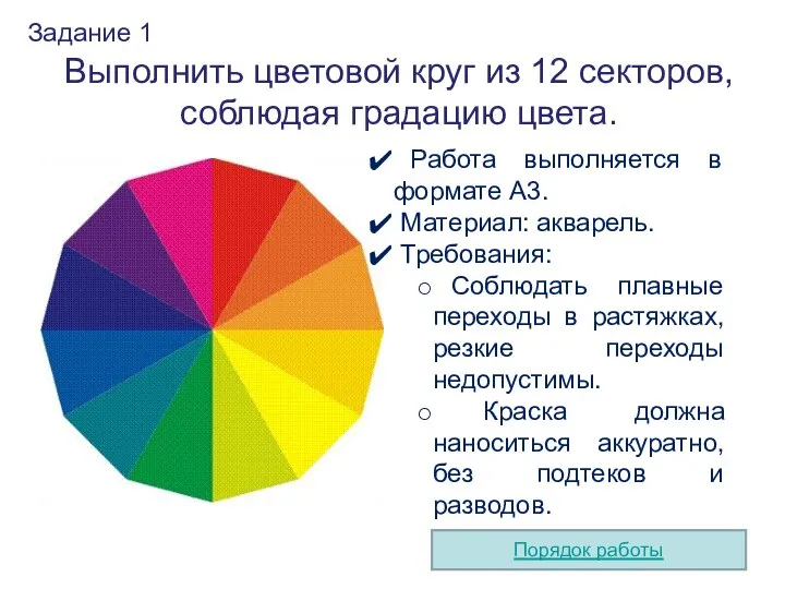 Задание 1 Выполнить цветовой круг из 12 секторов, соблюдая градацию цвета.