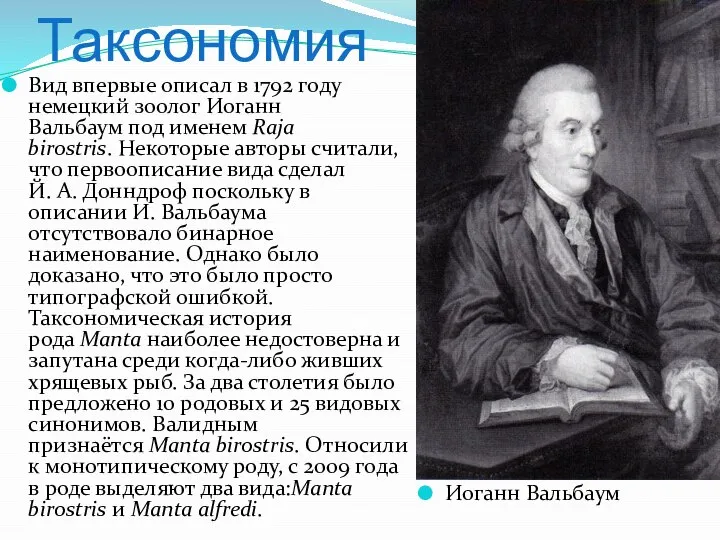 Таксономия Вид впервые описал в 1792 году немецкий зоолог Иоганн Вальбаум