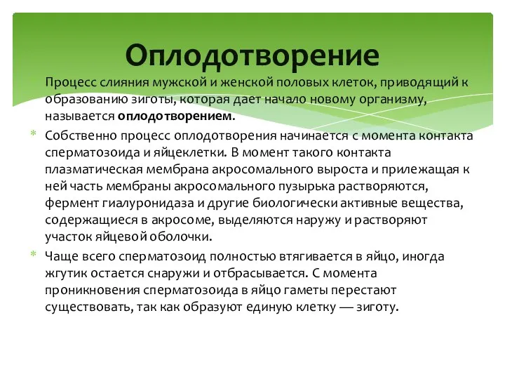 Процесс слияния мужской и женской половых клеток, приводящий к образованию зиготы,