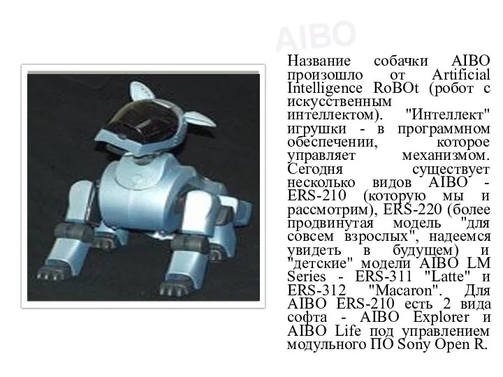 AIBO Название собачки AIBO произошло от Artificial Intelligence RoBOt (робот с