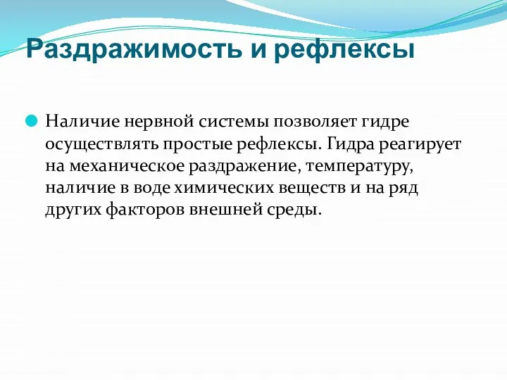 Раздражимость и рефлексы Наличие нервной системы позволяет гидре осуществлять простые рефлексы.