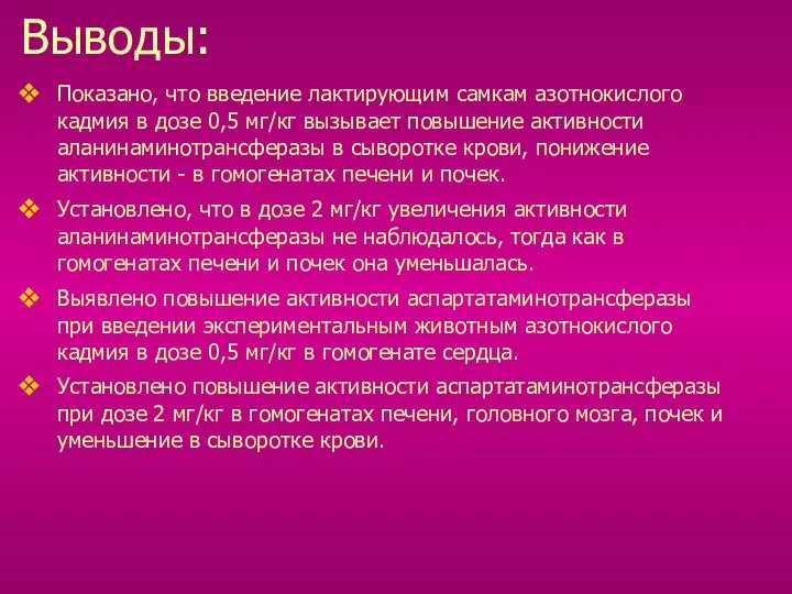 Выводы: Показано, что введение лактирующим самкам азотнокислого кадмия в дозе 0,5