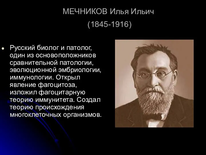 МЕЧНИКОВ Илья Ильич (1845-1916) Русский биолог и патолог, один из основоположников