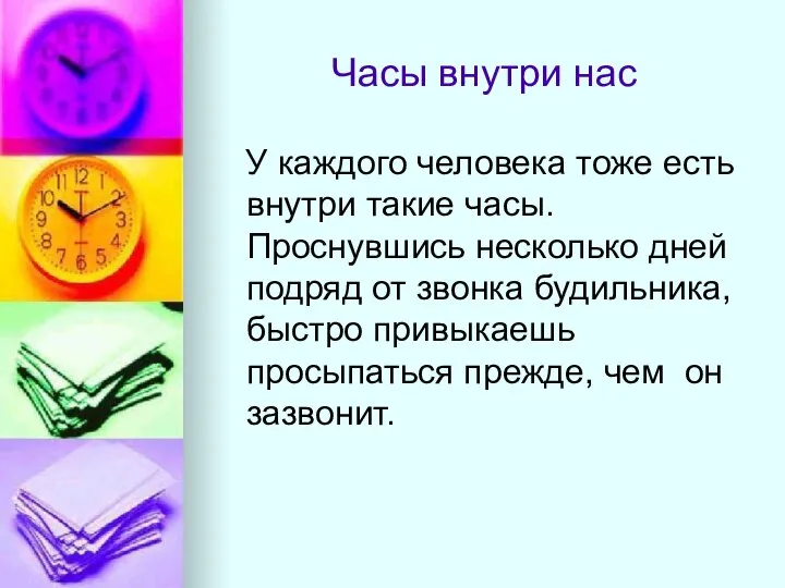 Часы внутри нас У каждого человека тоже есть внутри такие часы.