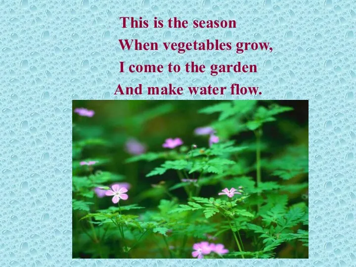 This is the season When vegetables grow, I come to the garden And make water flow.