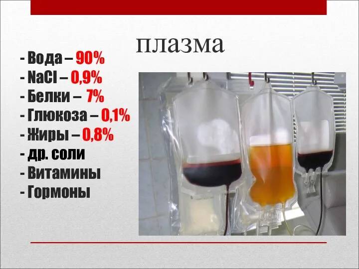 - Вода – 90% - NaCl – 0,9% - Белки –