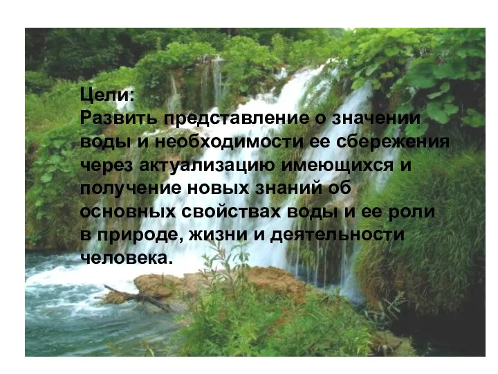 Цели: Развить представление о значении воды и необходимости ее сбережения через