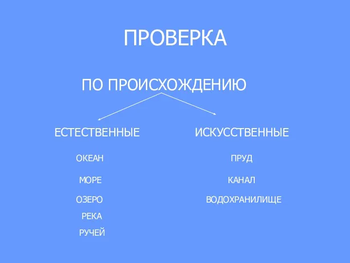 ПО ПРОИСХОЖДЕНИЮ ЕСТЕСТВЕННЫЕ ИСКУССТВЕННЫЕ РЕКА ОЗЕРО МОРЕ ОКЕАН РУЧЕЙ КАНАЛ ПРУД ВОДОХРАНИЛИЩЕ ПРОВЕРКА