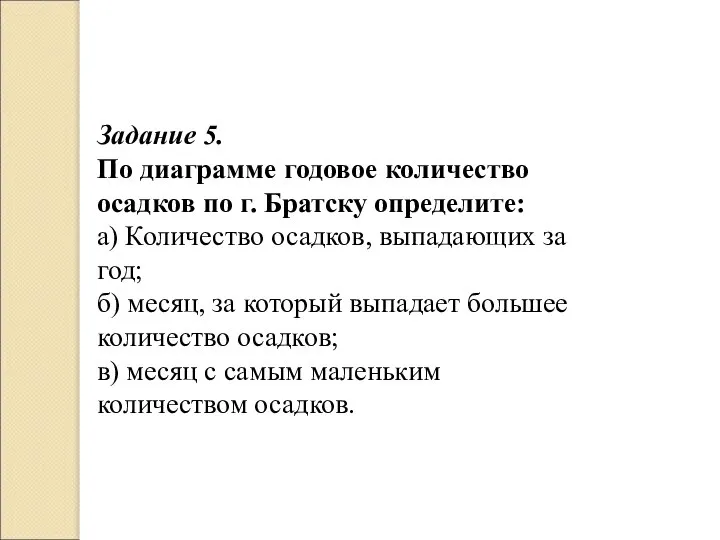 Задание 5. По диаграмме годовое количество осадков по г. Братску определите: