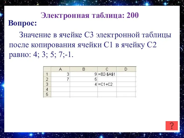 Электронная таблица: 200 Вопрос: Значение в ячейке С3 электронной таблицы после