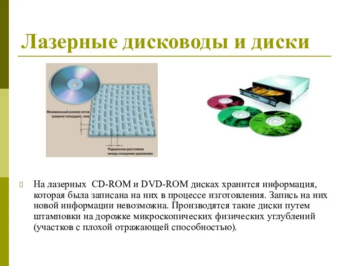 Лазерные дисководы и диски На лазерных CD-ROM и DVD-ROM дисках хранится