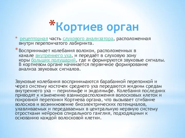 Кортиев орган рецепторная часть слухового анализатора, расположенная внутри перепончатого лабиринта. Воспринимает