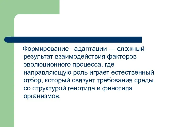 Формирование адаптации — сложный результат взаимодействия факторов эволюционного процесса, где направляющую