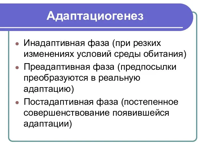 Адаптациогенез Инадаптивная фаза (при резких изменениях условий среды обитания) Преадаптивная фаза