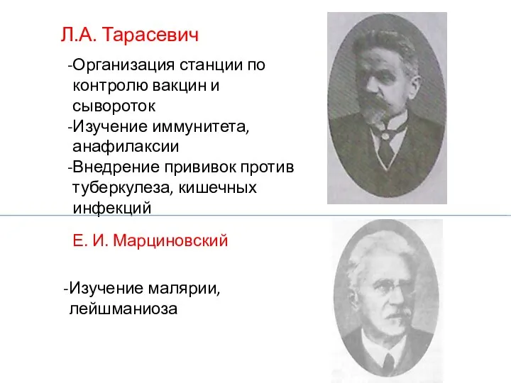 Л.А. Тарасевич Изучение малярии, лейшманиоза Е. И. Марциновский Организация станции по