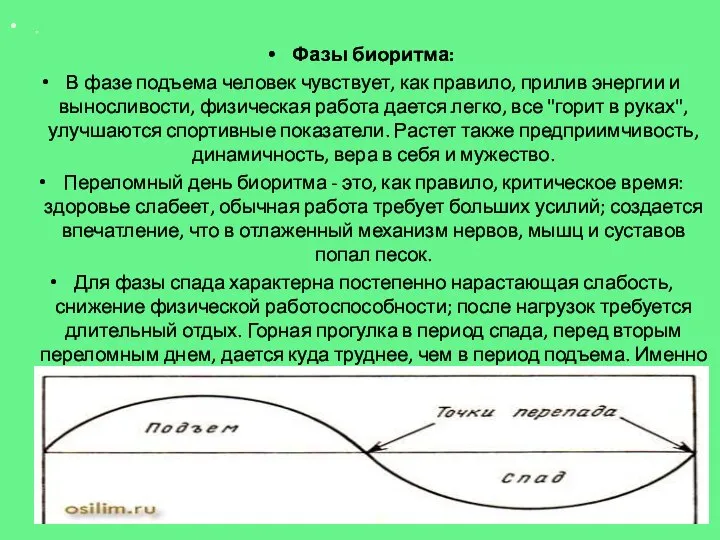 . Фазы биоритма: В фазе подъема человек чувствует, как правило, прилив