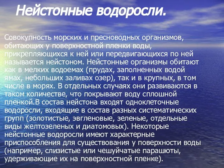 Нейстонные водоросли. Совокупность морских и пресноводных организмов, обитающих у поверхностной пленки