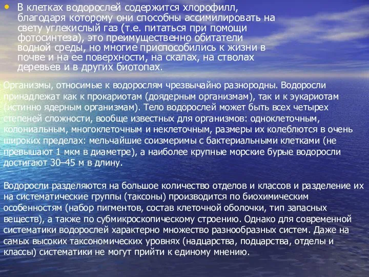 В клетках водорослей содержится хлорофилл, благодаря которому они способны ассимилировать на