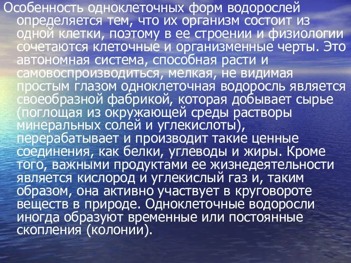 Особенность одноклеточных форм водорослей определяется тем, что их организм состоит из