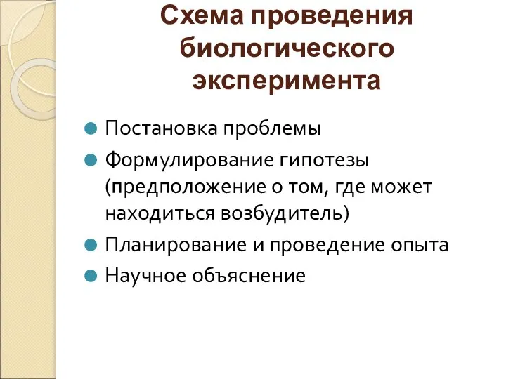 Схема проведения биологического эксперимента Постановка проблемы Формулирование гипотезы (предположение о том,