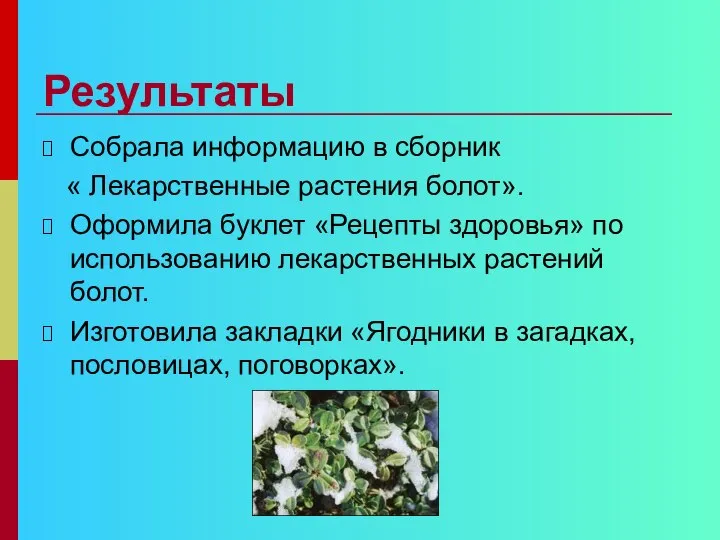 Результаты Собрала информацию в сборник « Лекарственные растения болот». Оформила буклет