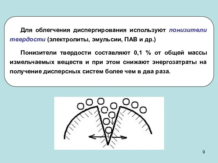 Для облегчения диспергирования используют понизители твердости (электролиты, эмульсии, ПАВ и др.)