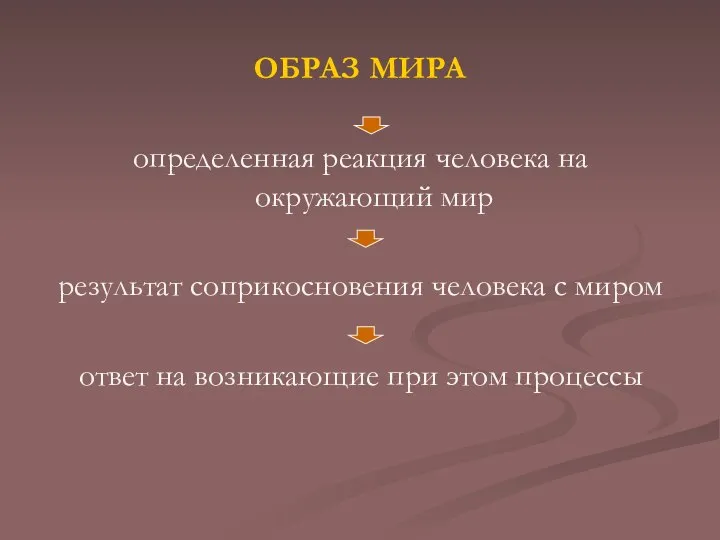 ОБРАЗ МИРА определенная реакция человека на окружающий мир результат соприкосновения человека