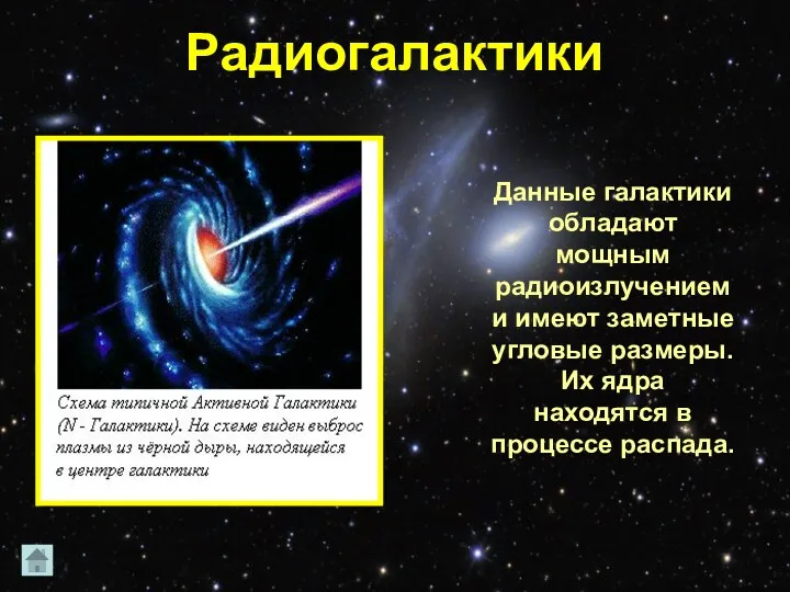 Радиогалактики Данные галактики обладают мощным радиоизлучением и имеют заметные угловые размеры.