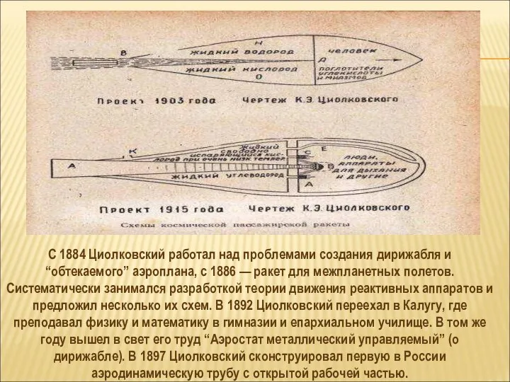 С 1884 Циолковский работал над проблемами создания дирижабля и “обтекаемого” аэроплана,