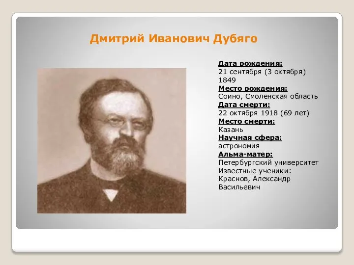 Дмитрий Иванович Дубяго Дата рождения: 21 сентября (3 октября) 1849 Место